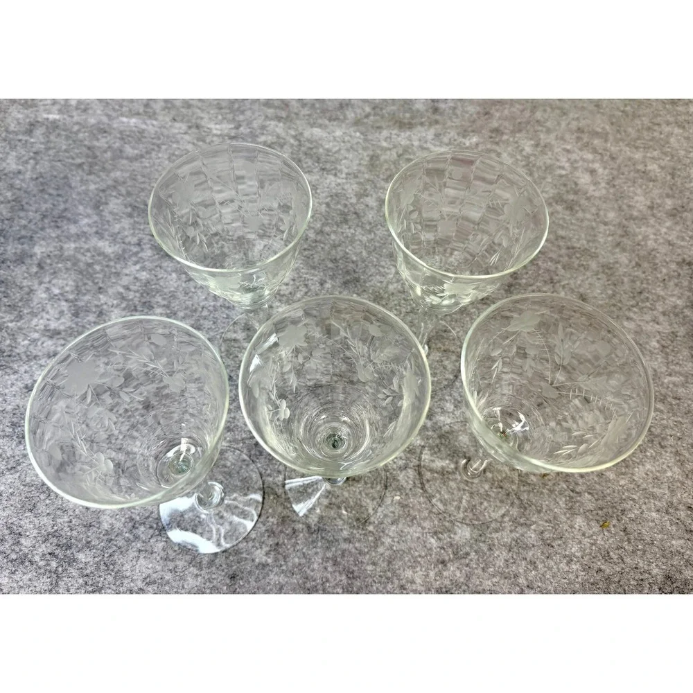 Vintage Etched Floral Crystal Wine Goblets Set of 5 Clear Glass Stemware‎ 7.25in